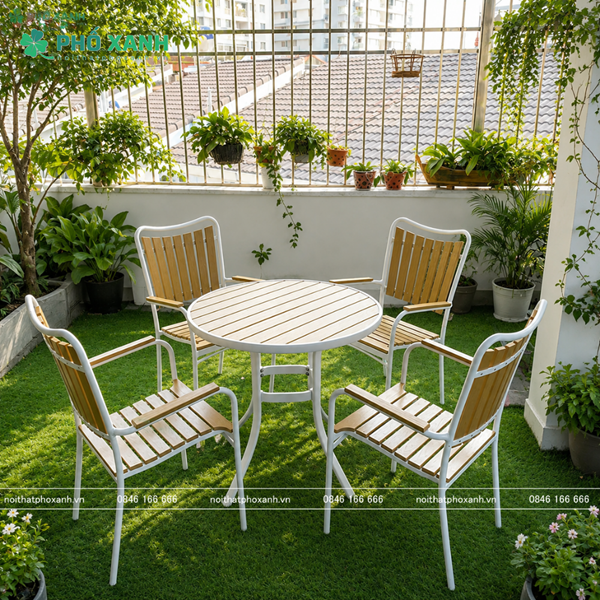 Bộ bàn ghế nhà hàng, cafe sân vườn chất liệu Composite nan màu vàng BCP-80NGKT