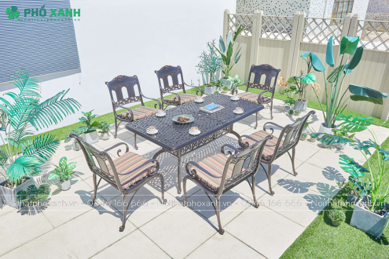 Bộ b&agrave;n ghế nh&ocirc;m đ&uacute;c s&acirc;n vườn h&igrave;nh chữ nhật