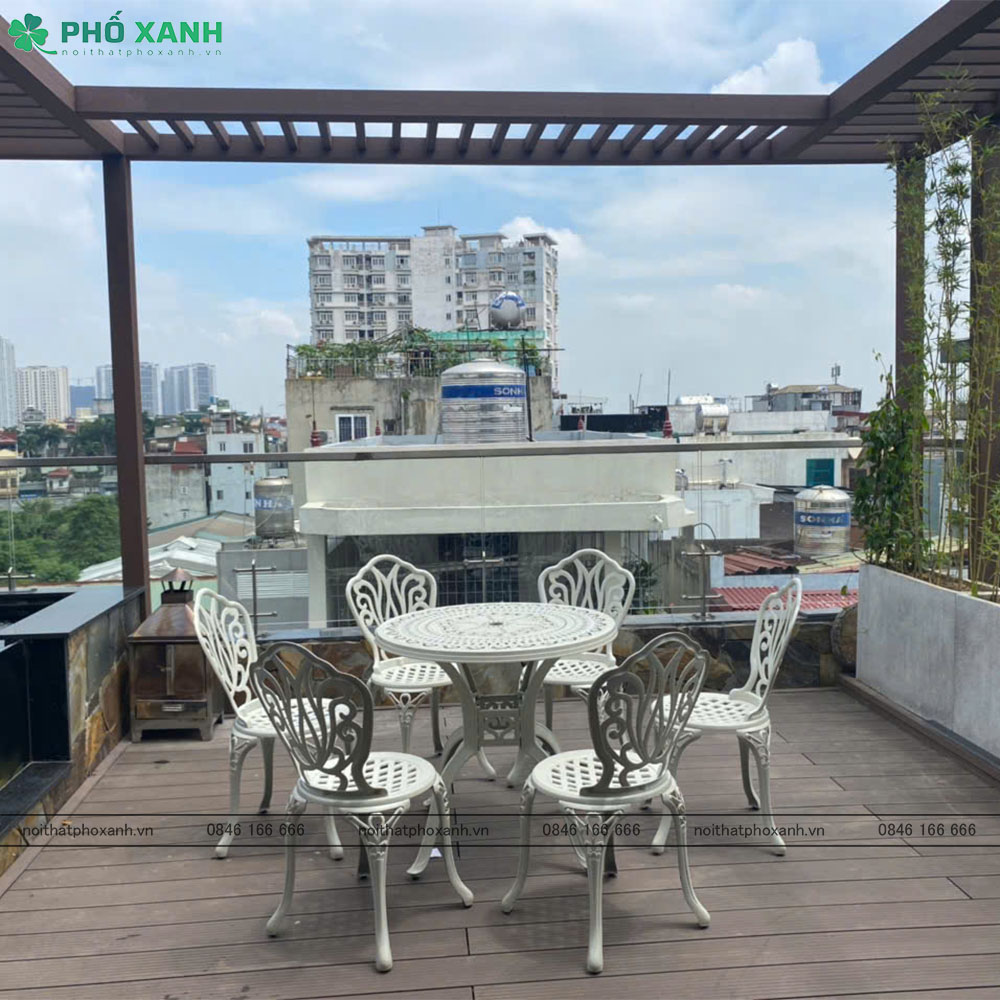 Bộ bàn ghế nhôm đúc màu trắng kem dành cho sân vườn,ban công,sân thượng BND-D80TK01