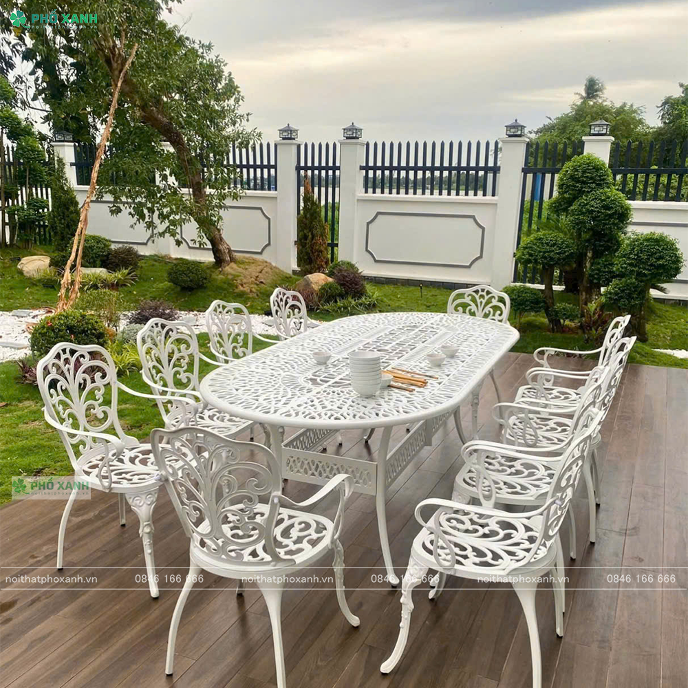 Bộ bàn ghế nhôm đúc bầu dục 1 bàn 10 ghế dành cho sân vườn,khu nghỉ dưỡng,biệt thự BND-BD21001100TK01
