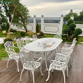 Bộ bàn ghế nhôm đúc bầu dục 1 bàn 10 ghế dành cho sân vườn,khu nghỉ dưỡng,biệt thự BND-BD21001100TK01