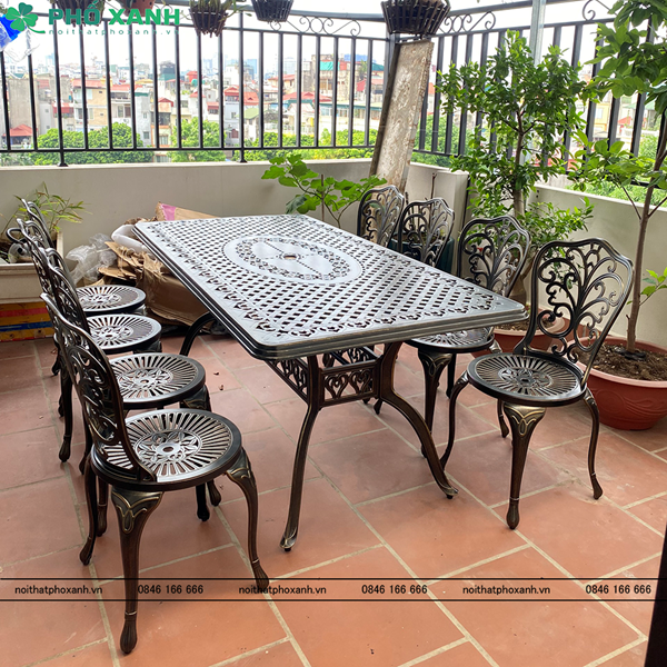 Bộ bàn ghế nhôm đúc ngoài trời hình chữ nhật 6-8 ghế BND-17091D01