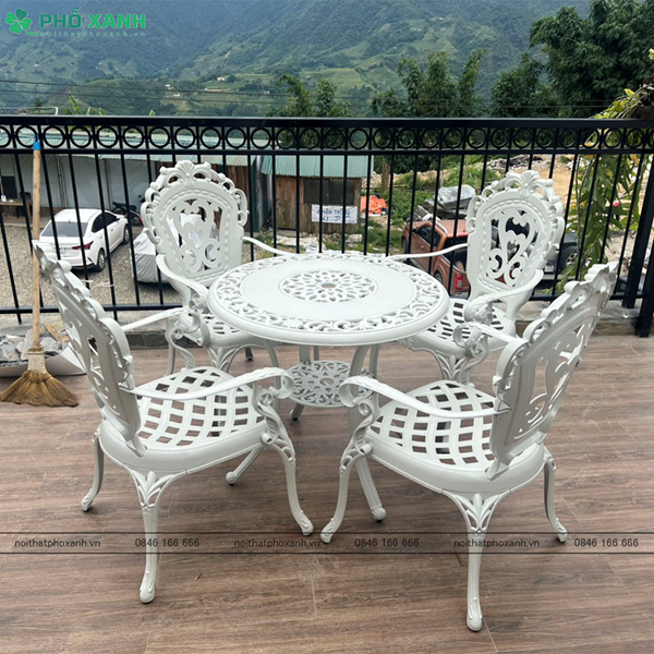 Bộ bàn ghế nhôm đúc sân vườn 1 bàn 4 ghế màu trắng kem BND-HV80TK01