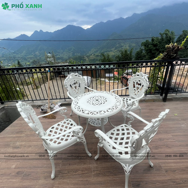 Bộ bàn ghế nhôm đúc sân vườn 1 bàn 4 ghế màu trắng kem BND-HV80TK01