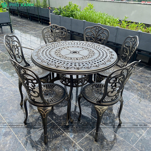 Bộ bàn ghế nhôm đúc màu đen đồng 6 ghế nhôm nhỏ BND-D100D01