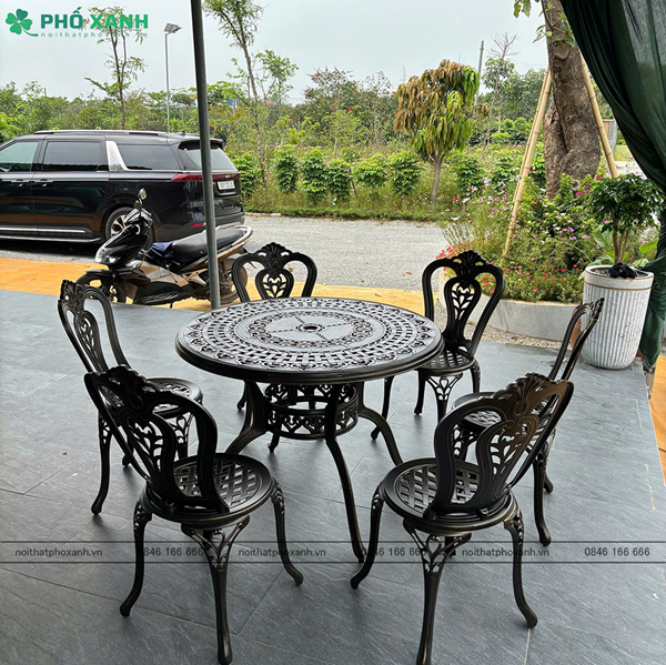 Bộ bàn ghế nhôm đúc màu đen đồng 6 ghế nhôm nhỏ BND-D100D01