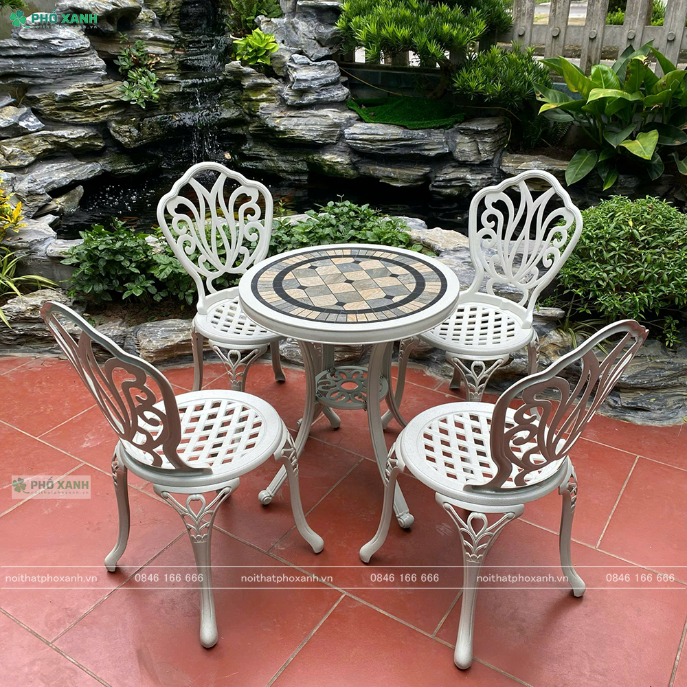 Bộ bàn ghế nhôm đúc nhỏ mặt đá ngoài trời, sân vườn, ban công BND-6070MDTK