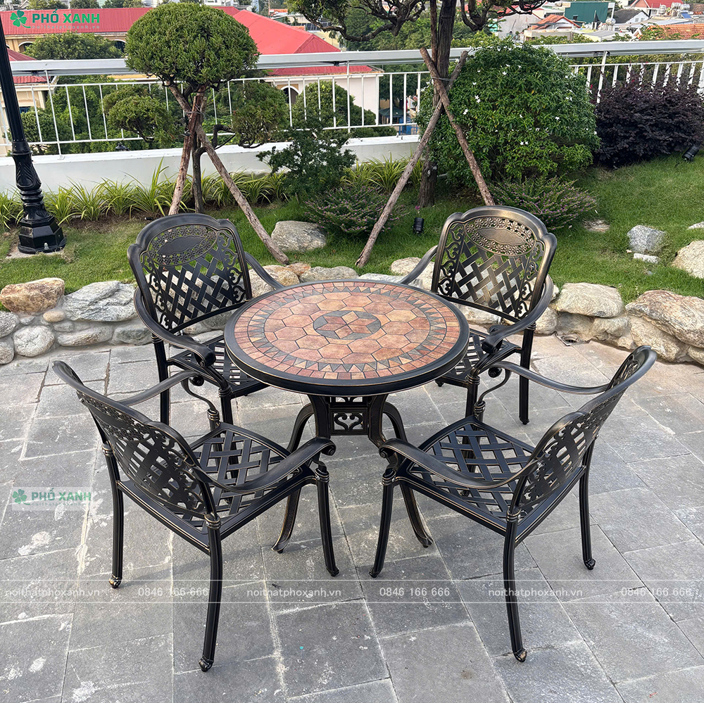 Bộ bàn ghế nhôm đúc mặt đá sân vườn, nhà chòi BND-D85MDD01