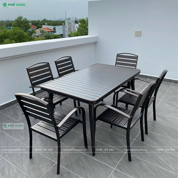 Bộ bàn ghế nhôm đúc nhà hàng biệt thự nan nhôm đúc 6 ghế BND-NN15090ND