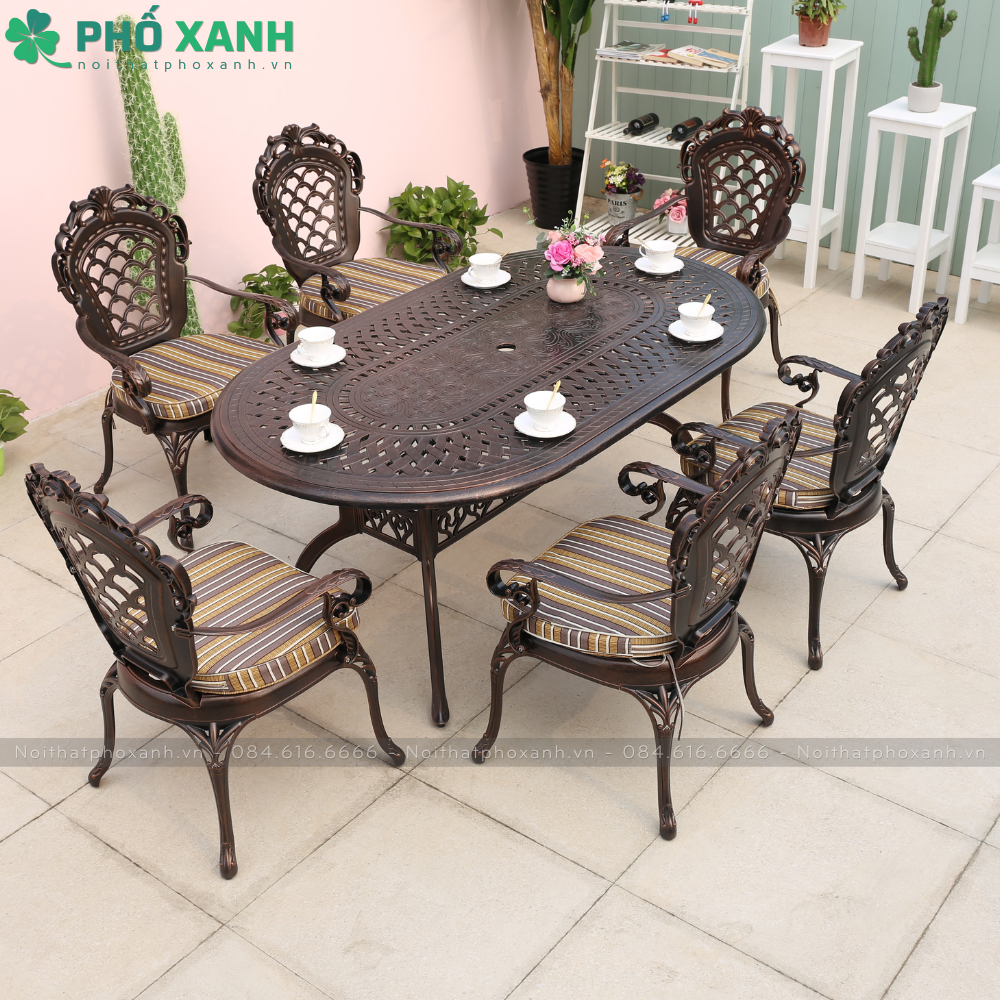 Bộ bàn ghế nhôm đúc ngoài trời hình bầu dục màu đen đồng BND-BD18090TTD