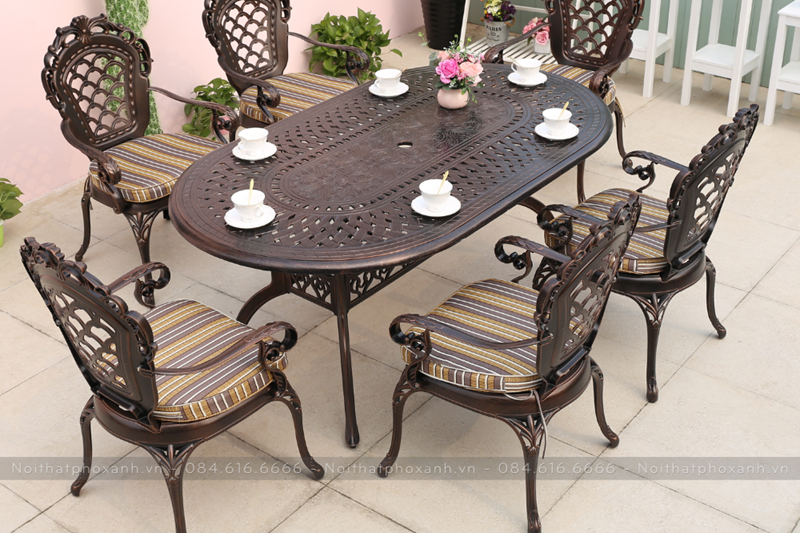 Bộ b&agrave;n ghế nh&ocirc;m đ&uacute;c ngo&agrave;i trời h&igrave;nh bầu dục m&agrave;u đen đồng BND-BD18090TTD