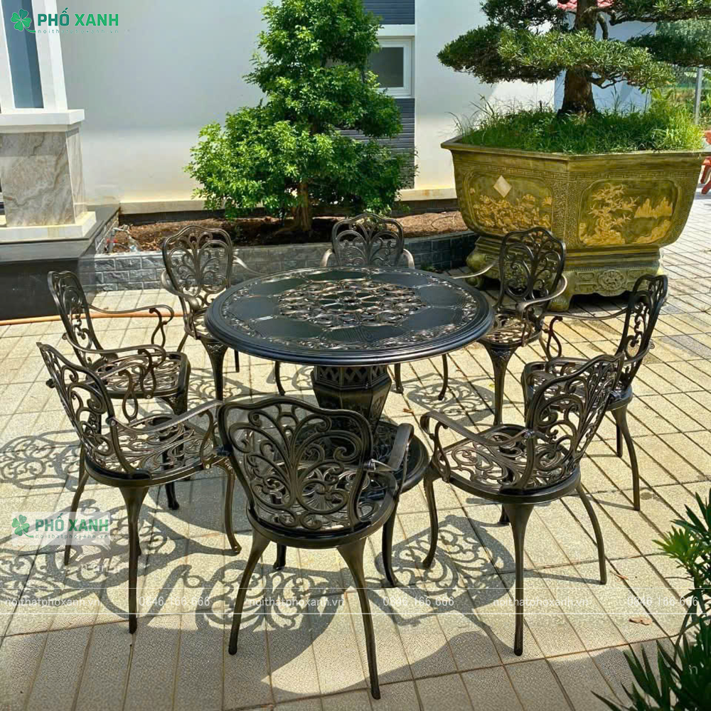 Bộ bàn ghế nhôm đúc cao cấp kết hợp 8 ghế dành cho sân vườn biệt thự BND-D120CCD02