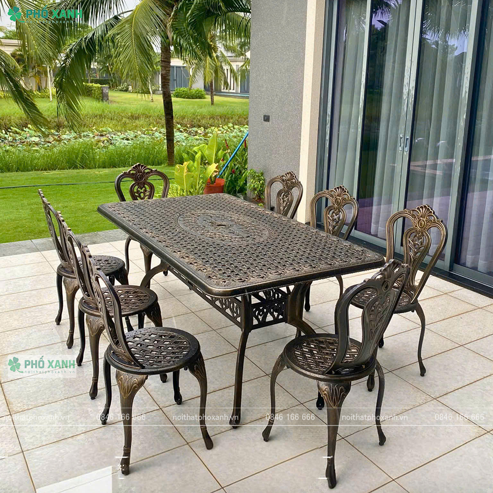 Bộ bàn ghế nhôm đúc ngoài trời hình chữ nhật 6-8 ghế BND-17091D01