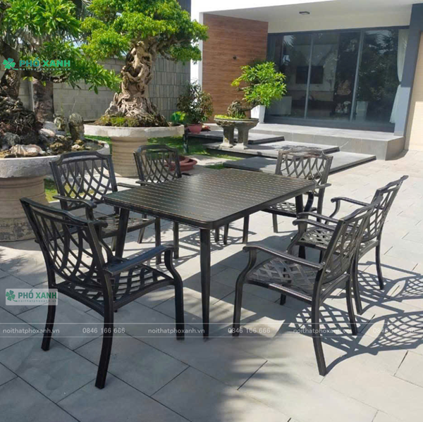 Bộ bàn ghế nhôm đúc sân vườn biệt thự nan nhôm đúc 6 ghế BND-NN15090VD