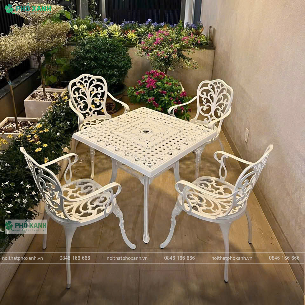 Bộ bàn ghế nhôm đúc hình vuông kích thước 8080 dành cho sân vườn,villa BND-8080HVTK
