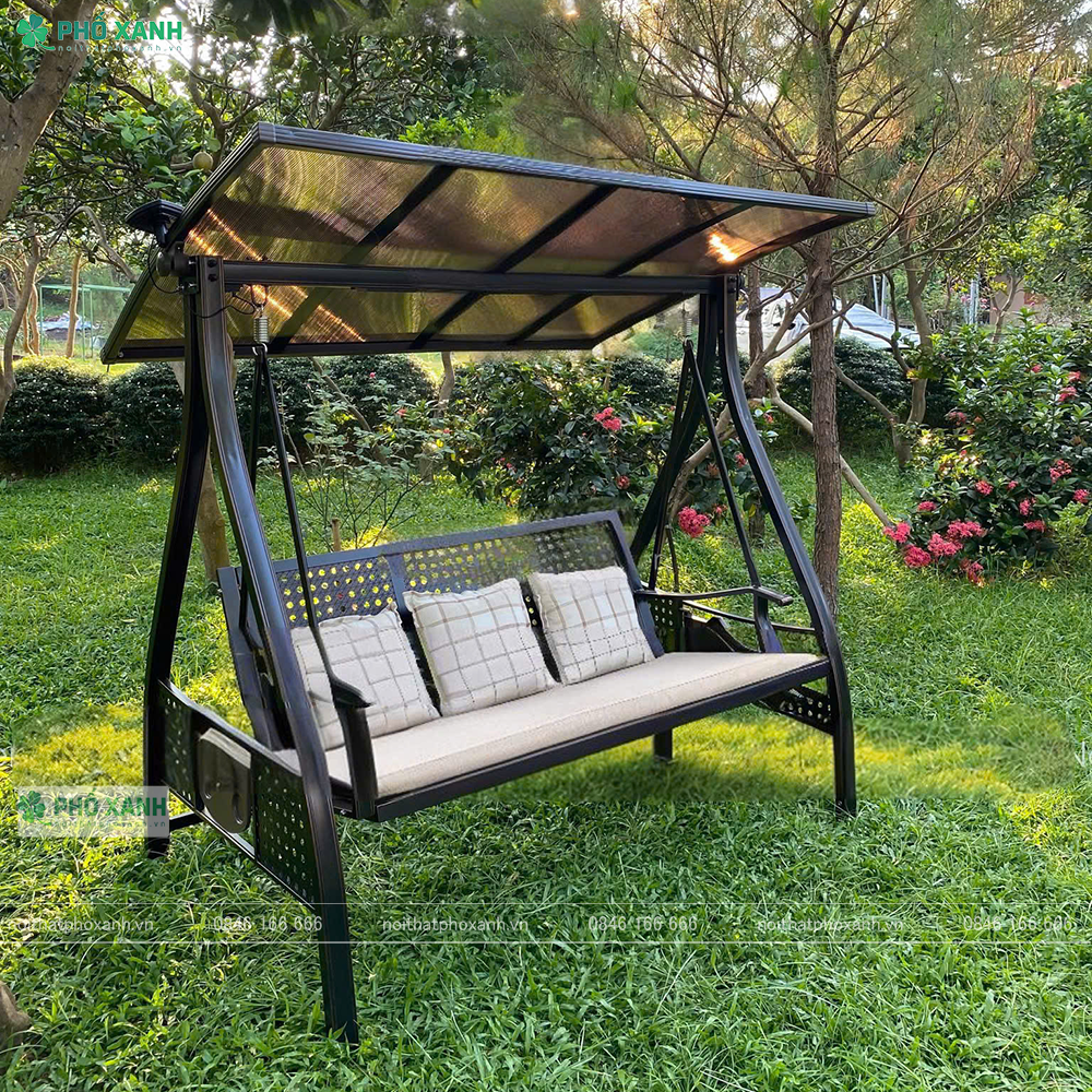 Xích đu nhập khẩu 3 chỗ nhôm đúc sân vườn có mái che XDNK-3CNGANG
