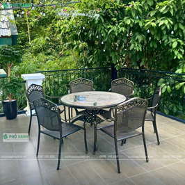 Bộ bàn ghế nhôn đúc mặt đá kết hợp 6 ghế dành cho biệt thự sân vườn,nhà chòi BND-MD120D01