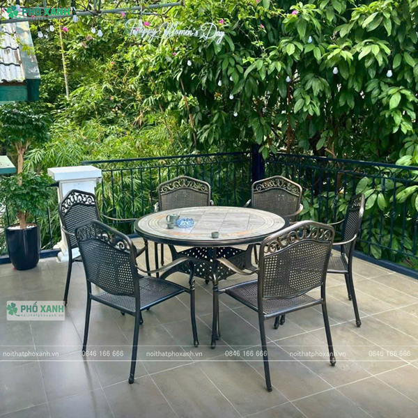 Bộ bàn ghế nhôn đúc mặt đá kết hợp 6 ghế dành cho biệt thự sân vườn,nhà chòi BND-MD120D01