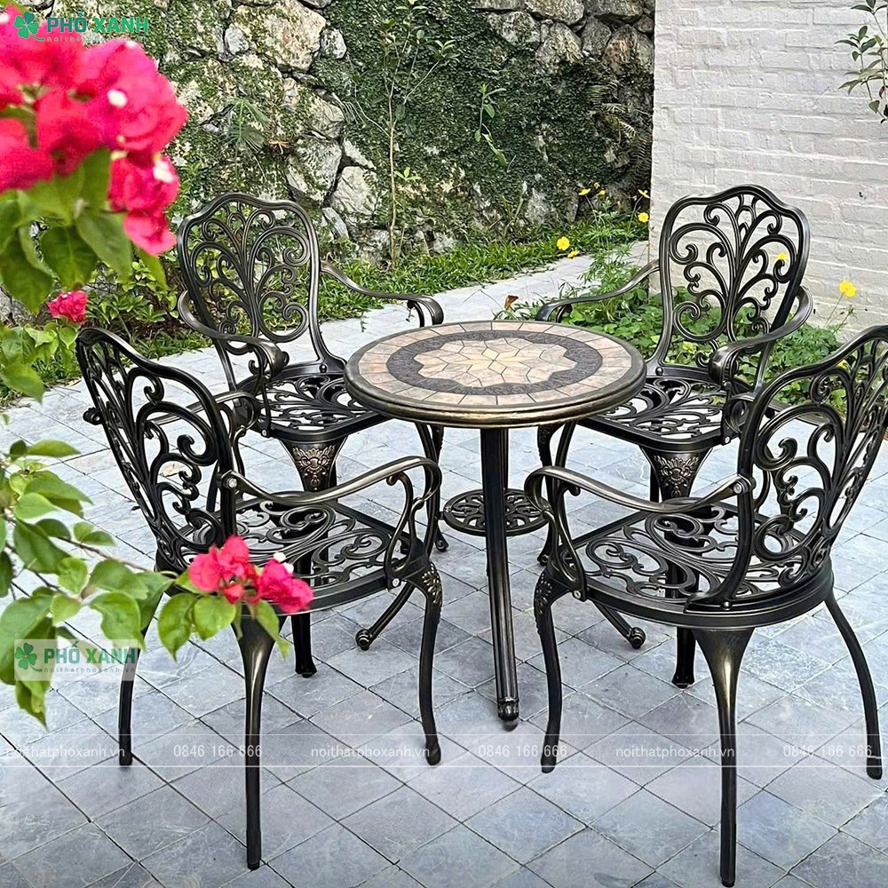 Bộ bàn ghế nhôm đúc mặt đá nhỏ kết hợp 4 ghế dành cho sân vườn,nhà chòi nhỏ BND-MD60D01