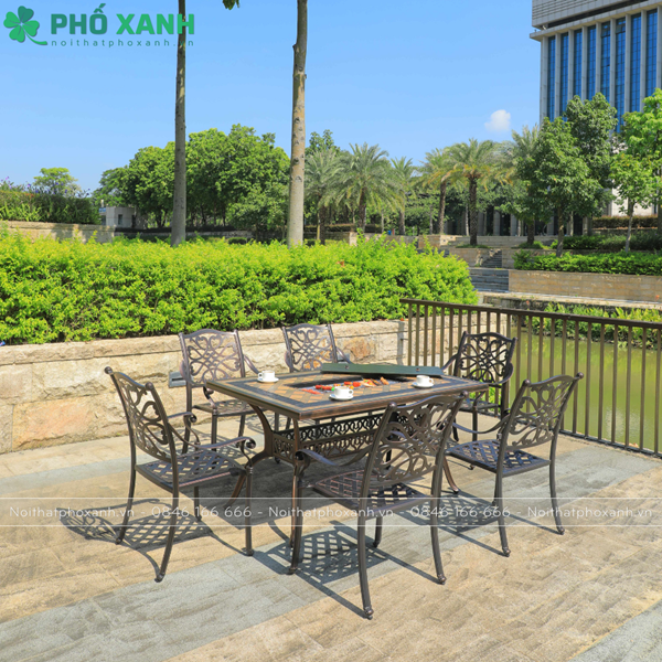 Bàn nhôm đúc mặt đá kết hợp nướng điện cho không gian nhà hàng sân vườn BND-N18998VD