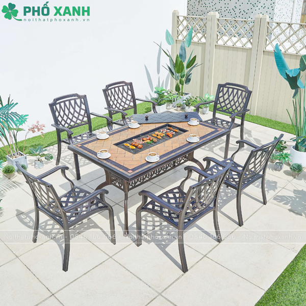 Bàn nhôm đúc mặt đá kết hợp nướng điện cho không gian nhà hàng sân vườn BND-N18998VD