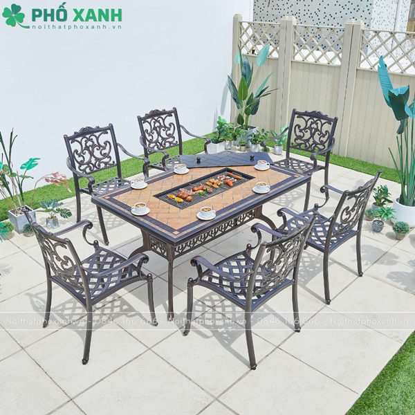 Bàn nhôm đúc mặt đá kết hợp nướng điện cho không gian nhà hàng sân vườn BND-N18998VD