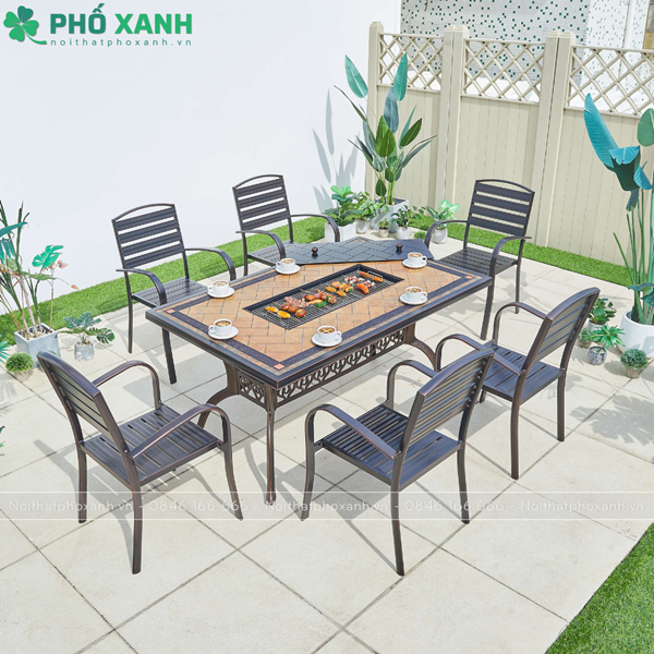 Bàn nhôm đúc mặt đá kết hợp nướng điện cho không gian nhà hàng sân vườn BND-N18998VD