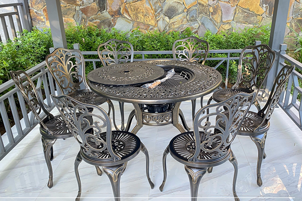 Bộ b&agrave;n ghế nh&ocirc;m đ&uacute;c tr&ograve;n kết hợp nướng than hoa 6-8 ghế BND-N106ND