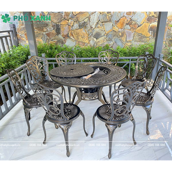 Bộ bàn ghế nhôm đúc tròn kết hợp nướng than hoa 6-8 ghế BND-N106ND