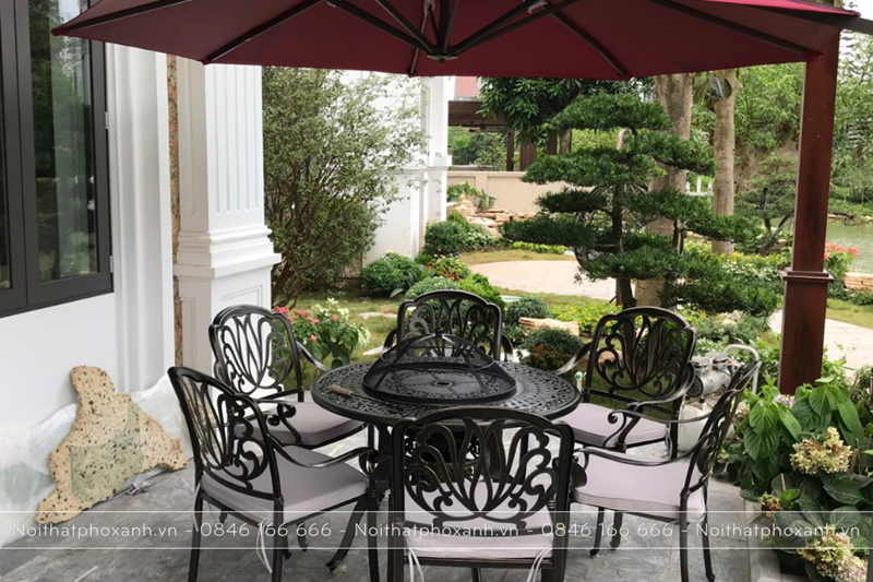 Bộ b&agrave;n ghế nh&ocirc;m đ&uacute;c tr&ograve;n kết hợp nướng BBQ s&acirc;n vườn biệt thự BND-N106D
