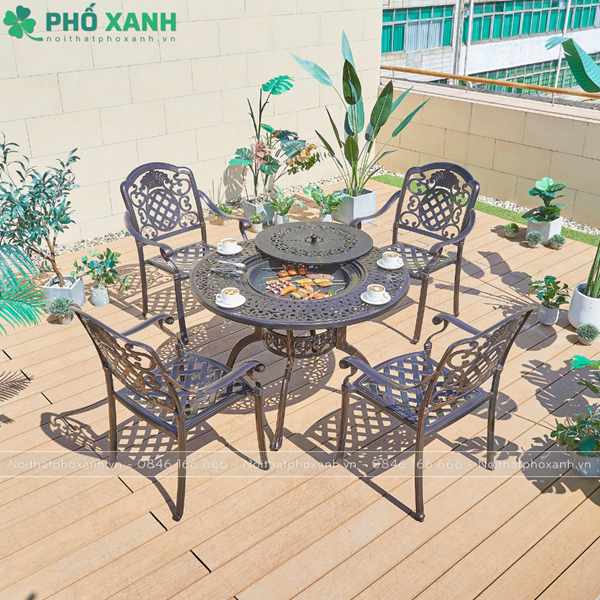 Bộ bàn ghế nhôm đúc tròn kết hợp nướng BBQ ngoài trời BND-N106HDD