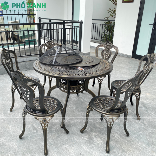 Bộ bàn ghế nhôm đúc tròn kết hợp nướng than hoa 6-8 ghế BND-N106ND