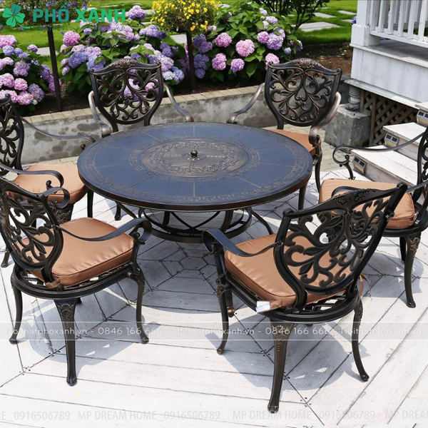 Bàn nhôm đúc tròn mặt liền kết hợp nướng BBQ ngoài trời cho 6 người BND-NML120HHD