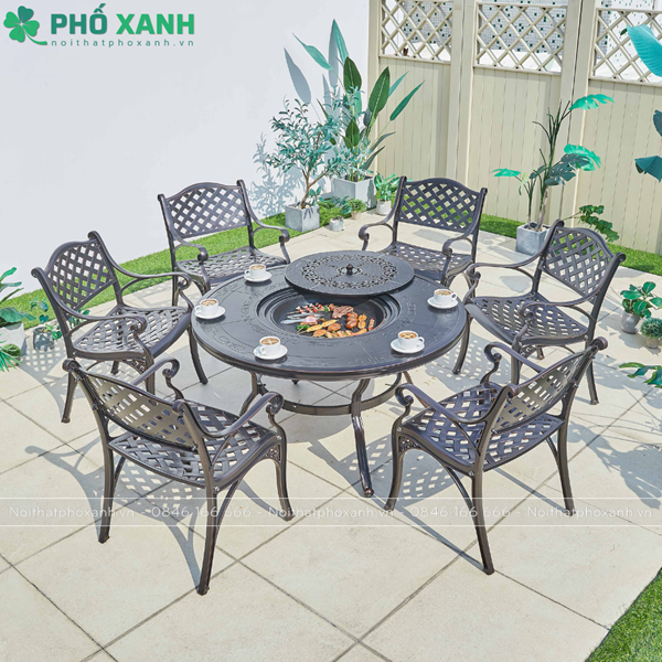 Bàn nhôm đúc tròn kết hợp nướng BBQ sân vườn nhà hàng cho 6 người BND-NML120VD
