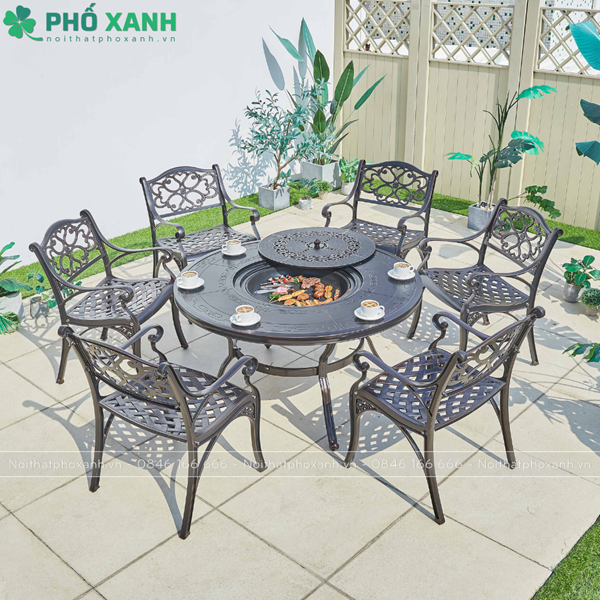 Bàn nhôm đúc tròn kết hợp nướng BBQ sân vườn nhà hàng cho 6 người BND-NML120VD