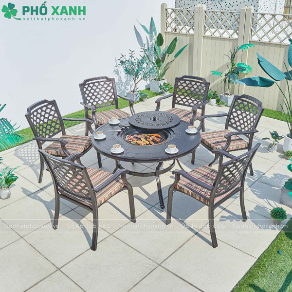 Bàn nhôm đúc tròn kết hợp nướng BBQ sân vườn nhà hàng cho 6 người BND-NML120VD