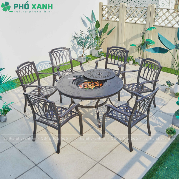 Bàn nhôm đúc tròn kết hợp nướng BBQ sân vườn nhà hàng cho 6 người BND-NML120VD