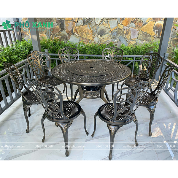 Bộ bàn ghế nhôm đúc tròn kết hợp nướng than hoa 6-8 ghế BND-N106ND