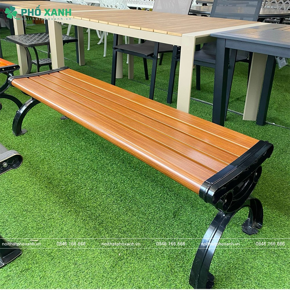 Ghế công viên nhôm đúc sơn tĩnh điện không tựa nan nhôm màu giã gỗ GCV-KTNN150NG