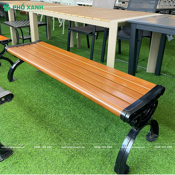 Ghế công viên nhôm đúc sơn tĩnh điện không tựa nan nhôm màu giã gỗ GCV-KTNN150NG