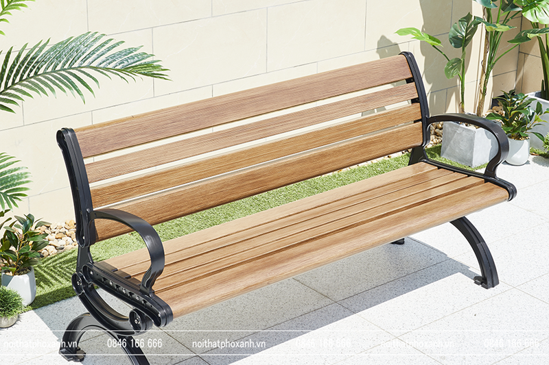 Ghế c&ocirc;ng vi&ecirc;n nh&ocirc;m đ&uacute;c sơn tĩnh điện c&oacute; tựa nan nh&ocirc;m m&agrave;u giả gỗ GCV-CTNN150NG