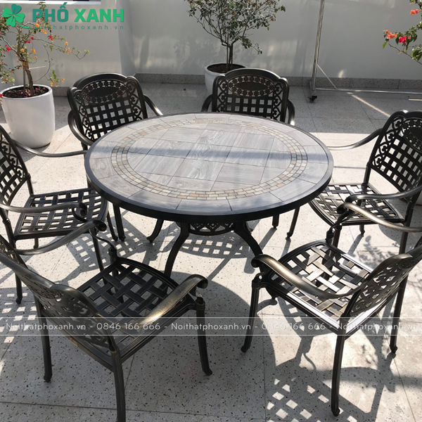 Bộ bàn ghế hợp kim nhôm đúc mặt đá dành cho sân vườn biệt thự BND-MD120D