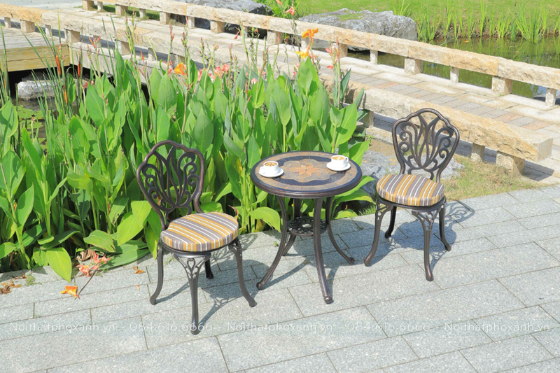 Bộ b&agrave;n ghế hợp kim nh&ocirc;m đ&uacute;c nhỏ nghệ thuật  mặt đ&aacute; BND-MD60NND