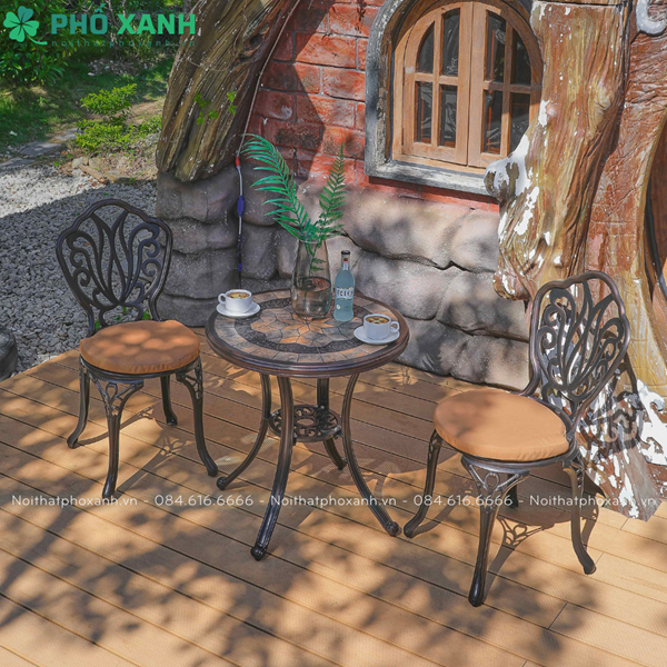 Bộ bàn ghế hợp kim nhôm đúc nhỏ nghệ thuật  mặt đá BND-MD60NND
