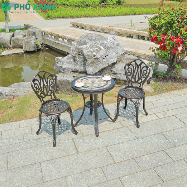 Bộ bàn ghế nhôm đúc nhỏ mặt đá phù hợp với ban công chung cư BND-MD70NND