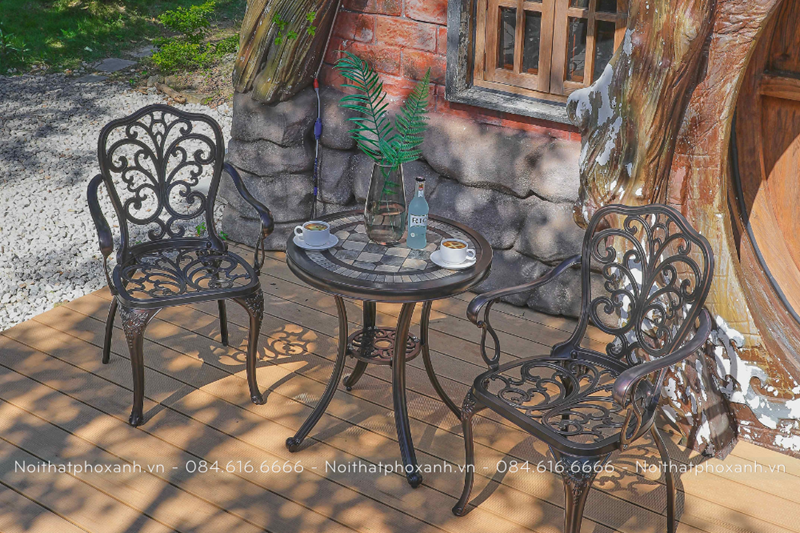 bộ bàn ghế nhôm nhỏ sân vườn cafe mặt đá