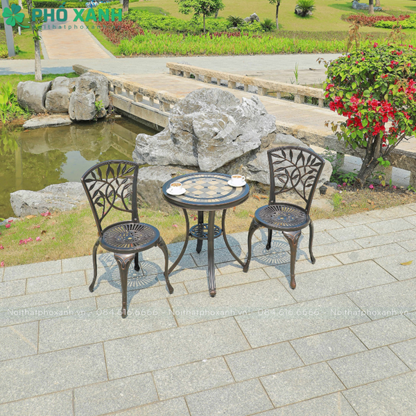 Bộ bàn ghế nhôm đúc nhỏ mặt đá phù hợp với ban công chung cư BND-MD70NND