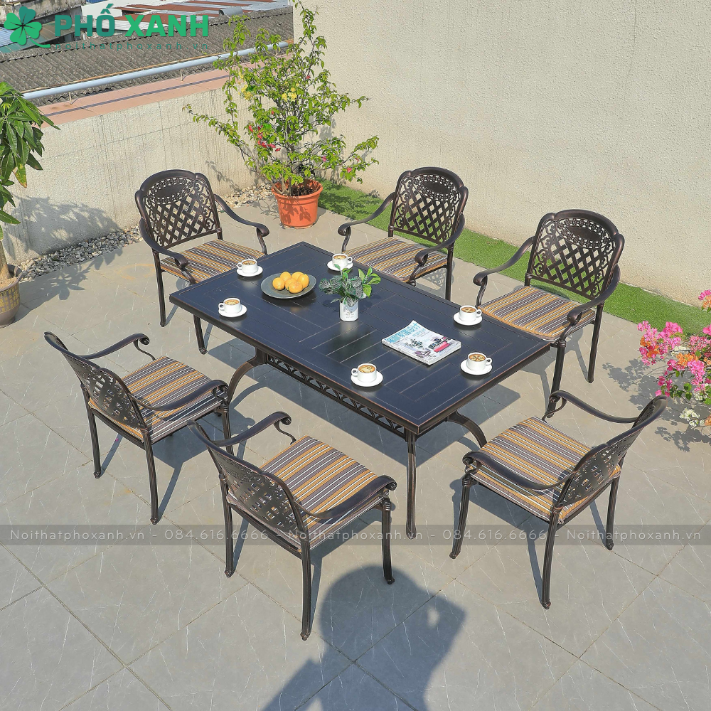 Bộ bàn ghế nhôm đúc mặt liền hình chữ nhật 6 ghế BND-MLBV15090D
