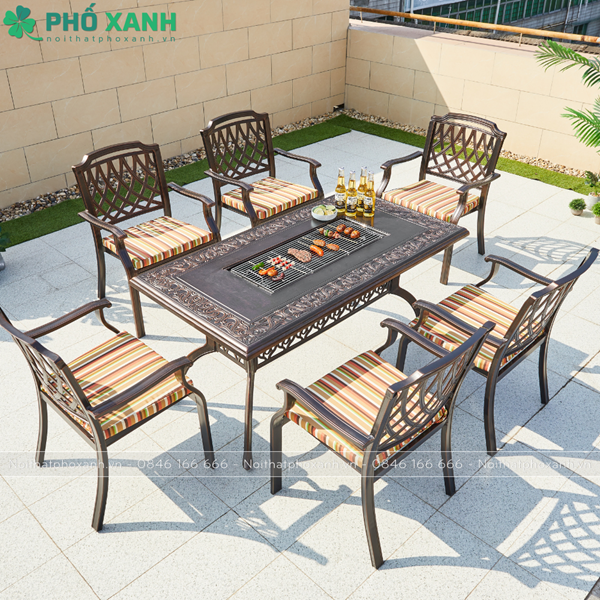 Bàn nhôm đúc kết hợp nướng than 6 ghế sân vườn ngoài trời BND-NML15090D