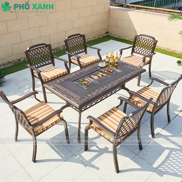 Bàn nhôm đúc kết hợp nướng than 6 ghế sân vườn ngoài trời BND-NML15090D